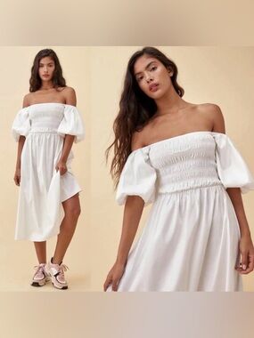 Reformation Tuli Puff Sleeve Smocked Midi Dress in White, Size Extra Small (XS)